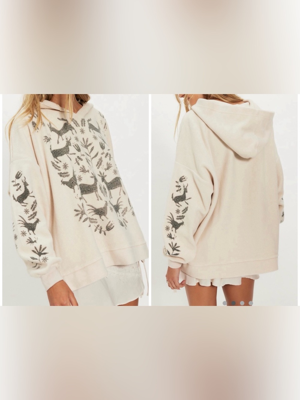 Free People Cream Hoodie with Grey Nature Print